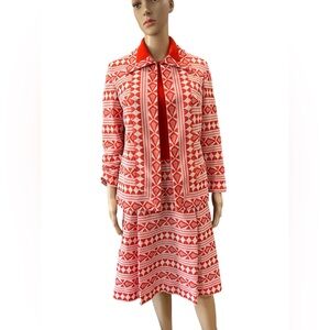 70s mod two piece, orange and white R&K knits dress jacket set-L